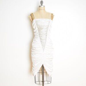 vintage 80s prom dress white coffin ruched metallic silver cocktail party XS